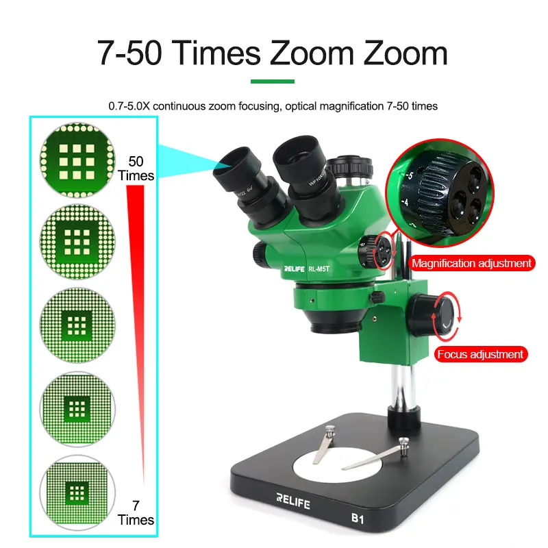 

RELIFE RL-M5T-B1 Trinocular Microscope 0.7-5X Magnifi-cation 7-50 Times Continuous Zoom For Mobile Phone Repair 0.5X CTV Adapter