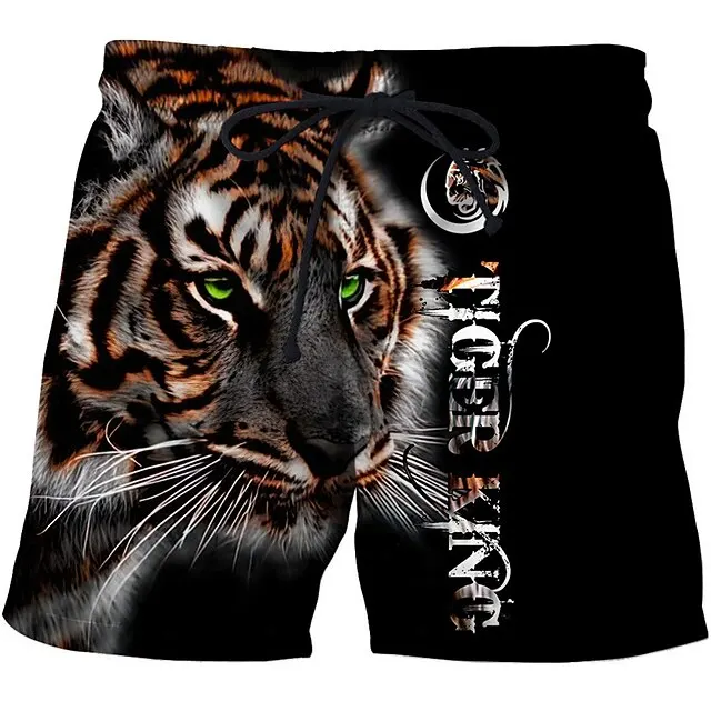 Men's Board Shorts Swim Shorts Summer Beach Shorts Pocket Drawstring Elastic Waist Tiger Letter Quick Dry Hawaiian Swim Trunks