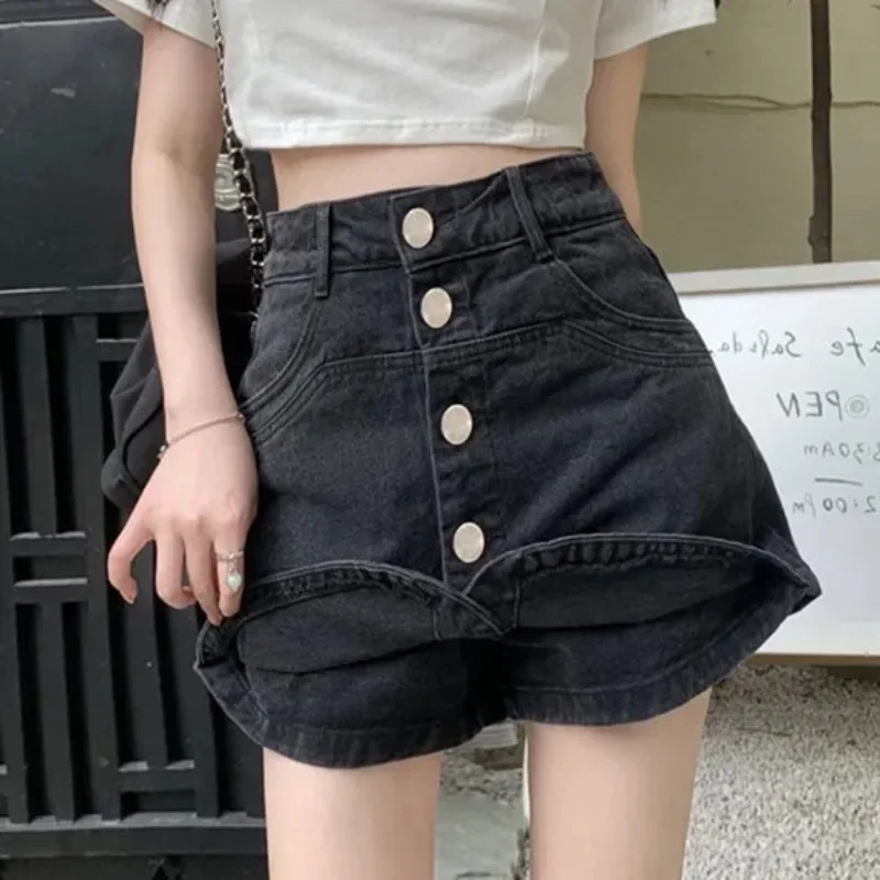 

Fashion High Waist Jean Culottes 2024 Mini Pantskirt Blue Black Baggy Shorts Summer Single-Breasted Denim Shorts Women Korean