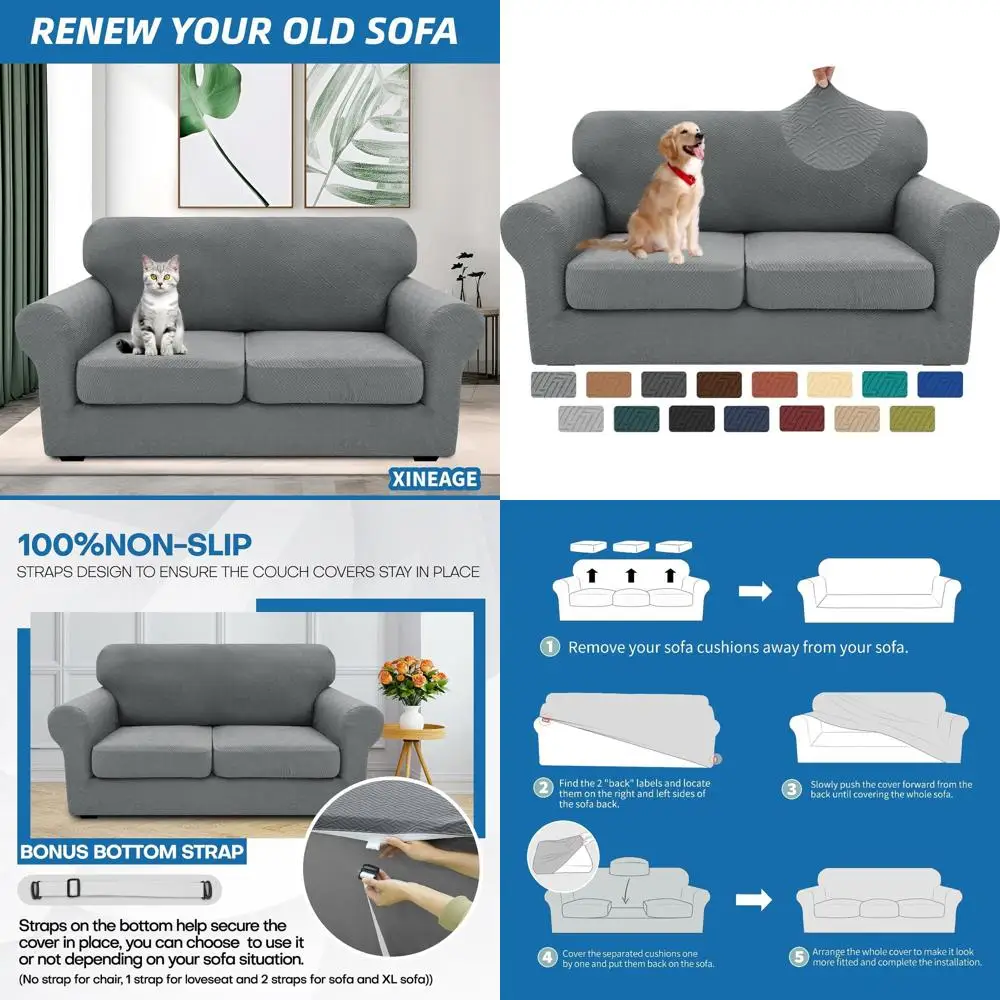

Universal Stretch Sofa Slipcover for 2 Cushion Loveseat, Pet-Friendly, Anti-Slip, Light Gray, Fits 55-69