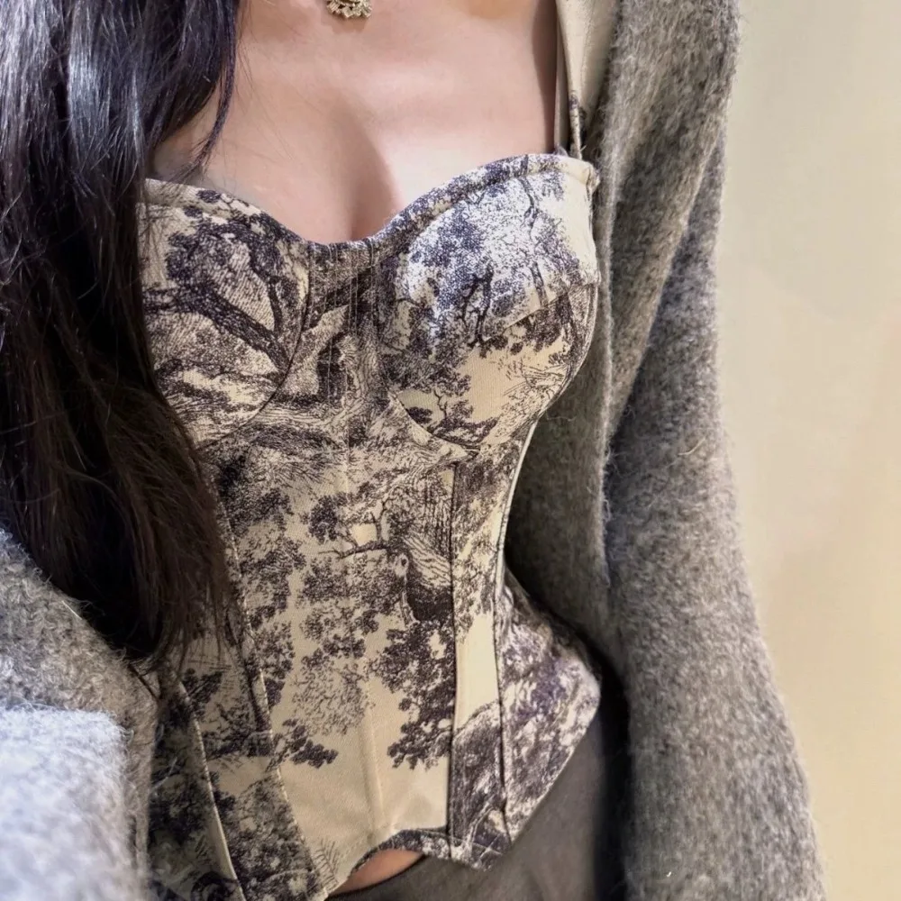 French Style Printed Corset Waist Training Boned Bustier Top Women Vintage Strapless Cami Ink Wash Retro Lightweight Daily 34-40