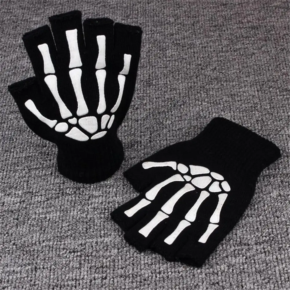 Skull Punk Gloves Neutral Half Finger Ghost Claw Knitted Gloves Exposed Finger Spot Nightlight Fingerless Elastic Gloves