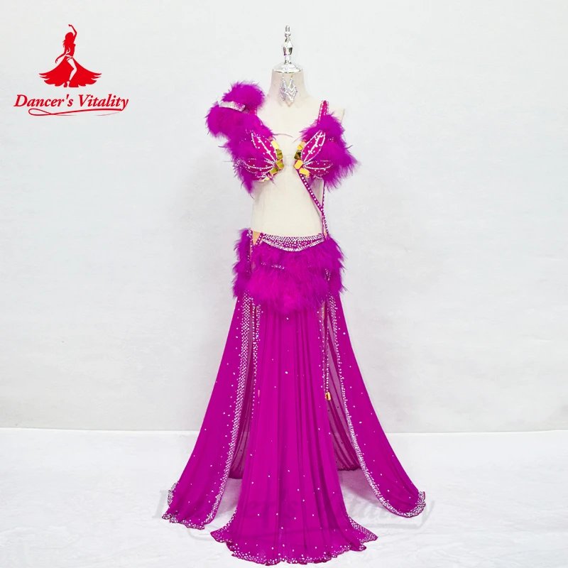 Bellydance Clothing Set Women Customized High End Luxury AB Stones Feather Suit Oriental Dance Professional Performance Costumes