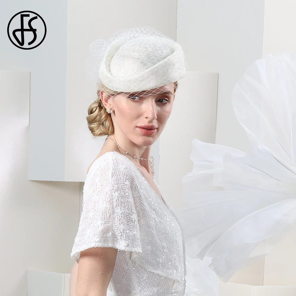 FS 2024 Elegant Sinamay Beret Beige Hats Fascinators For Women With Veil Wedding Formal Dress Cap Mesh Cocktail Party Millinery