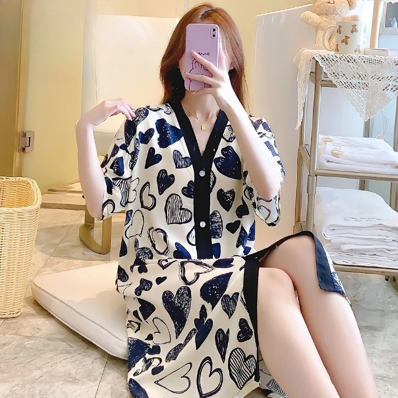 

Новая летняя ночная сорочка из ледяного шелка с V-образным вырезом, свободного кроя, средней длины, для женщин, с короткими рукавами, для сна и отдыха, с эффектом омоложения