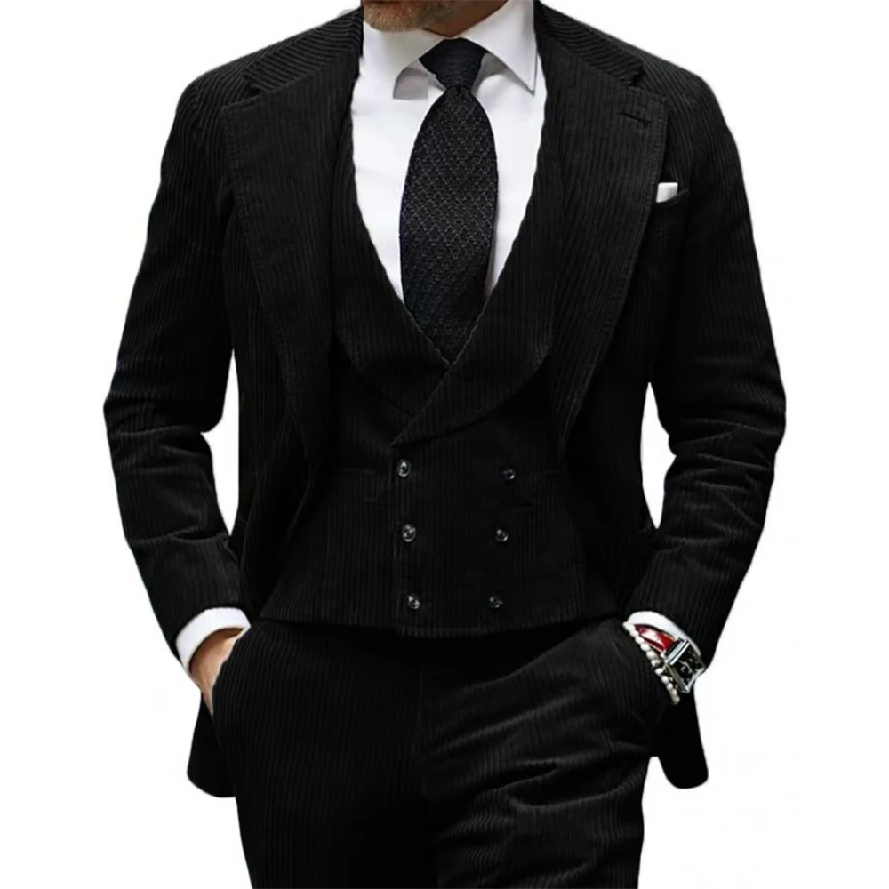 

Elegant Men's Suit Corduroy Formal Three-Piece Blazer Vest Pants Set Notch Lapel Tuxedo Wedding Evening Party Business