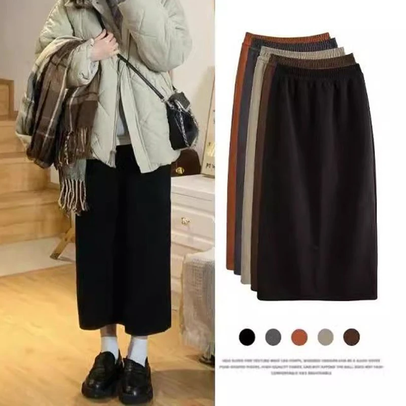 

Осенне-зимние классические однотонные шерстяные юбки А-силуэта для женщин, модные юбки с эластичной талией, юбки-миди с разрезом сзади для девушек
