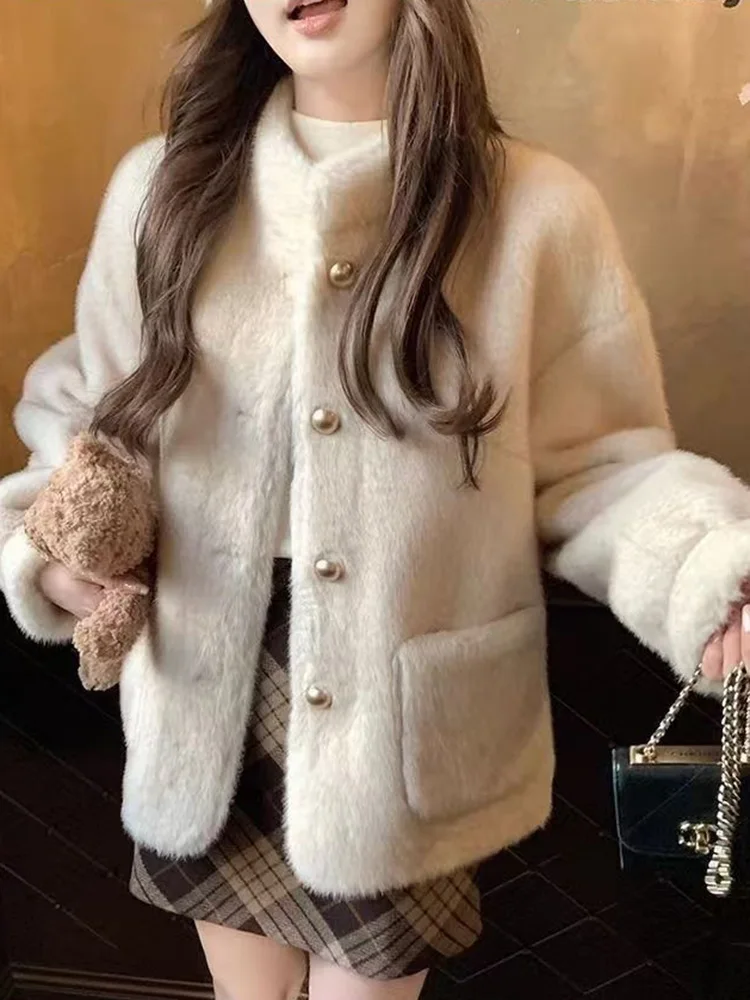 Leuke Faux Vos Jas Vrouwen Winter Zoete Lange Mouw Stand Kraag Jas Mode Zakken Koreaanse Single Breasted Elegante Uitloper Top