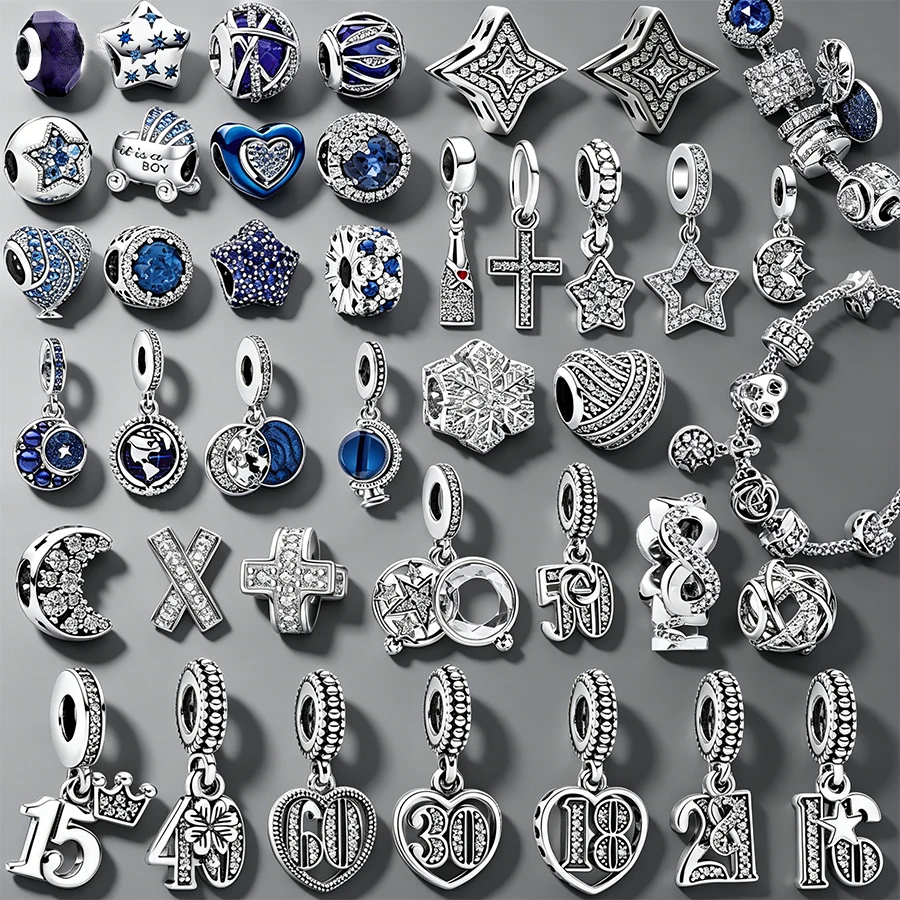 

Silver Plated Blue Starry Sky Charms for Bracelet DIY Jewelry Making Star Moon Cross Heart Number Snowflake CZ Pendant Bead Gift