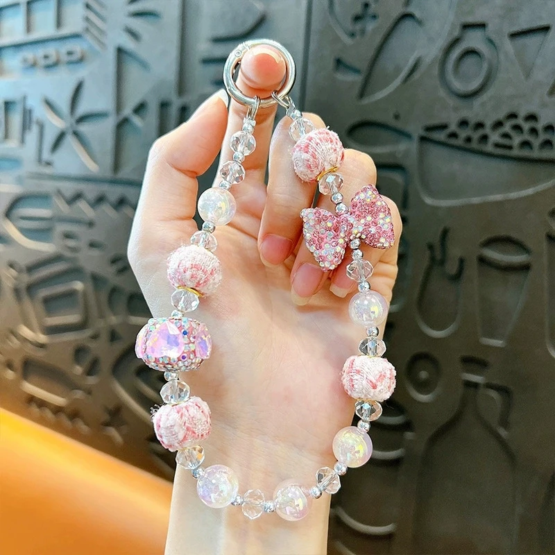 Korean Crsytal Bownet Beaded Keychain Phone Charm Chain Strap