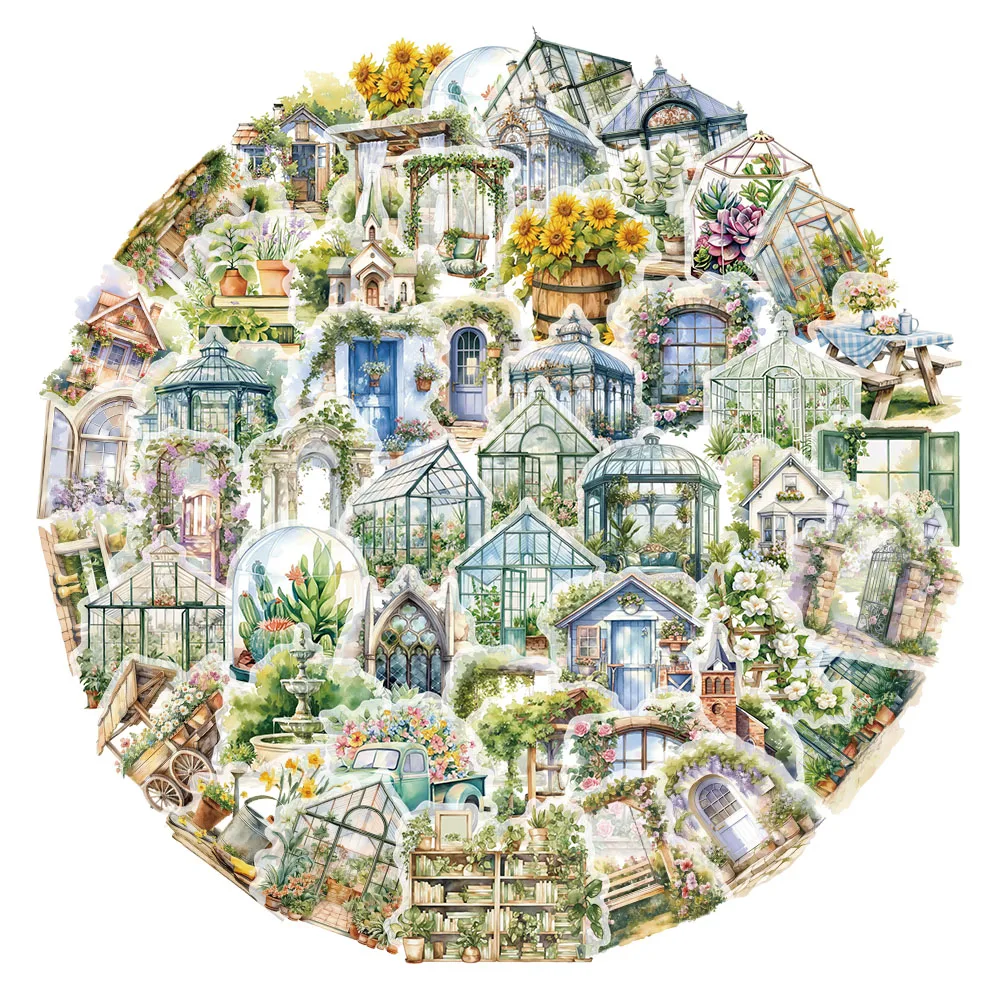 50PCS Creative Garden Hut Small Fresh PET Decorative Stickers Hand Account Phone Case Waterproof Stickers
