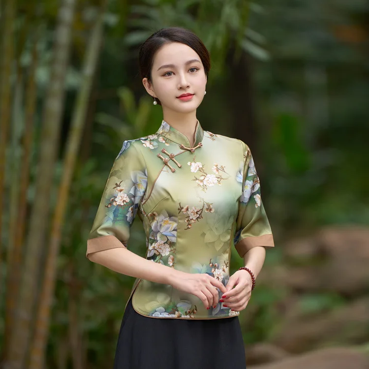 Satin Qipao hauts dame chemisier élégant fleur imprimé Cheongsam chemise Tradition Style chinois Tang Costume printemps été nouveau Costume