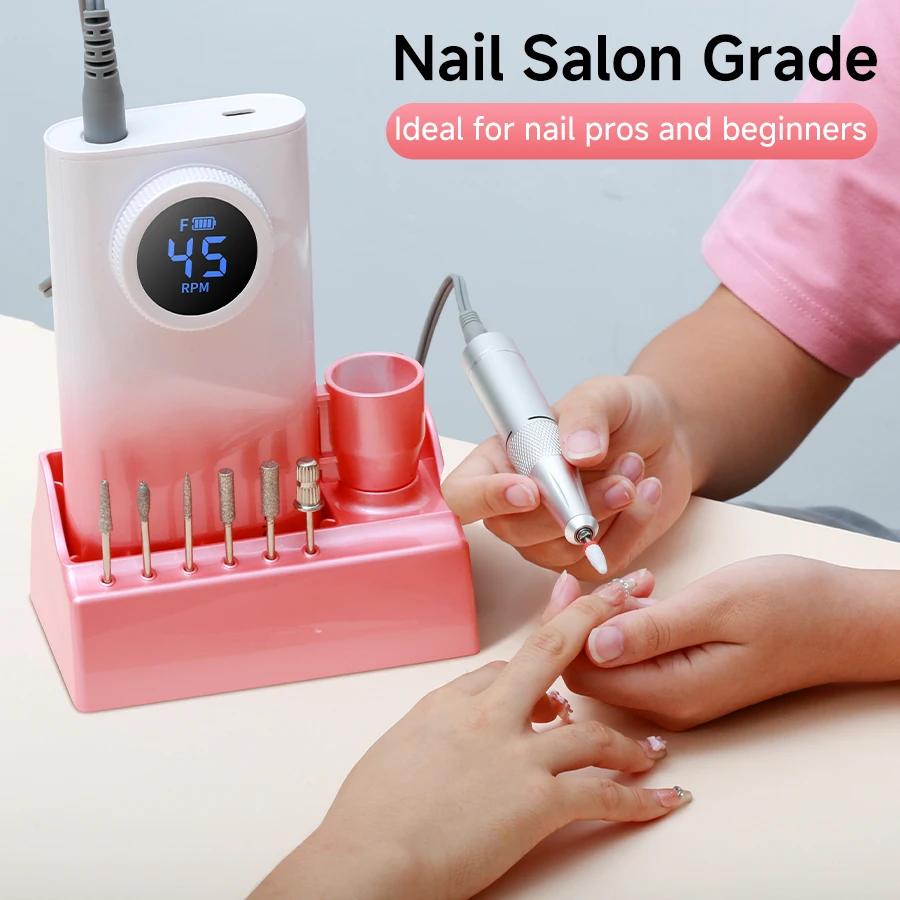 ماكينة حفر الأظافر اللاسلكية القابلة لإعادة الشحن عالية السرعة 45000 دورة في الدقيقة لمحترفين الأظافر والمبتدئين، تستخدم في الصالون والمنزل #4