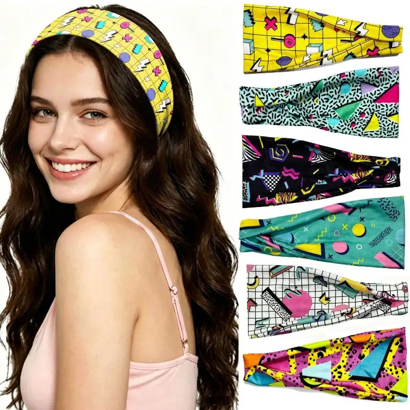 Stirnband mit geometrischem Druck, breites, rutschfestes, elastisches Haarband im Retro-Stil für Damen – Detail 3