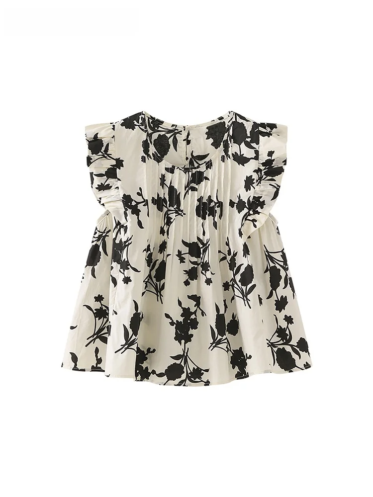 La Chapelle Sweet Sle コットン カジュアル irt レディース ラウンド ネ スヴェル ドール トップ 花柄プリント デザイン 夏新作