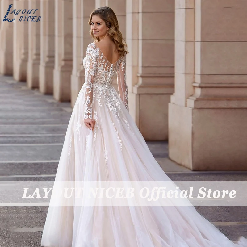 Layout niceb vintage vestido de casamento manga longa apliques rendas robe de mariée ilusão volta com botão feito sob encomenda trem varredura