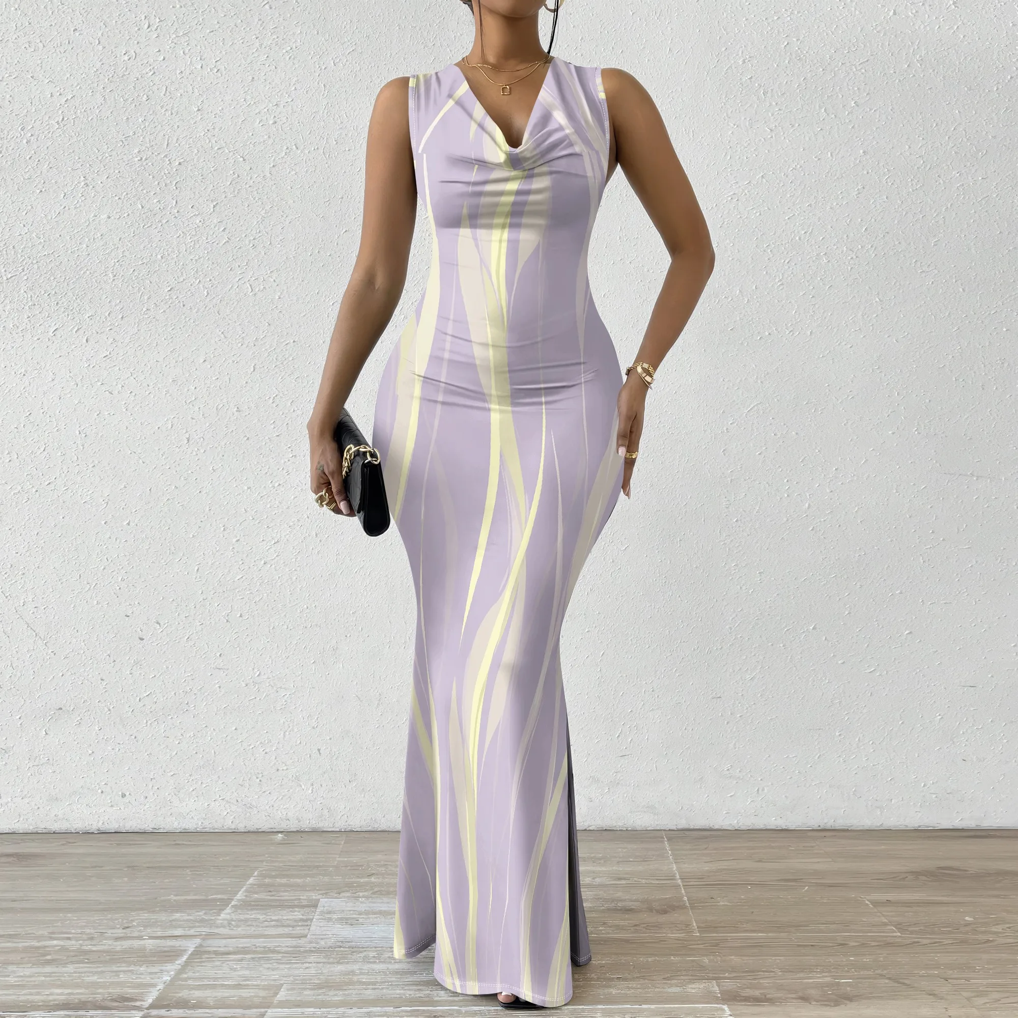 

Women's Lilac Abstract Maxi Dress Cowl Neck Slim Fit Bodycon Mermaid Spring Summer Wedding Guest Easter