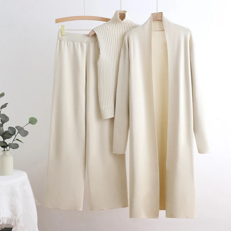 

Spring Casual New Women's Suit Shawl Jacket Solid Base Knit Sweater Wide Leg Pants European American Style Three Piece Set