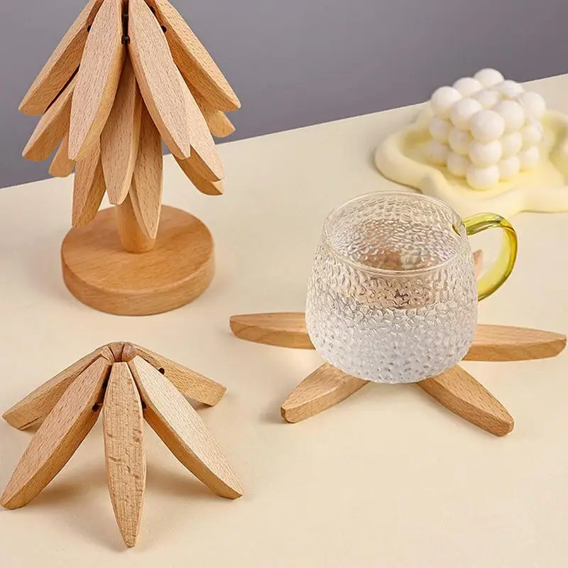 

4pcs/set Wooden Trivets For Hot Dishes Folding Tree Shape Beech Table Mat Holders Heat Insulated Pad Set Coasters For Pots