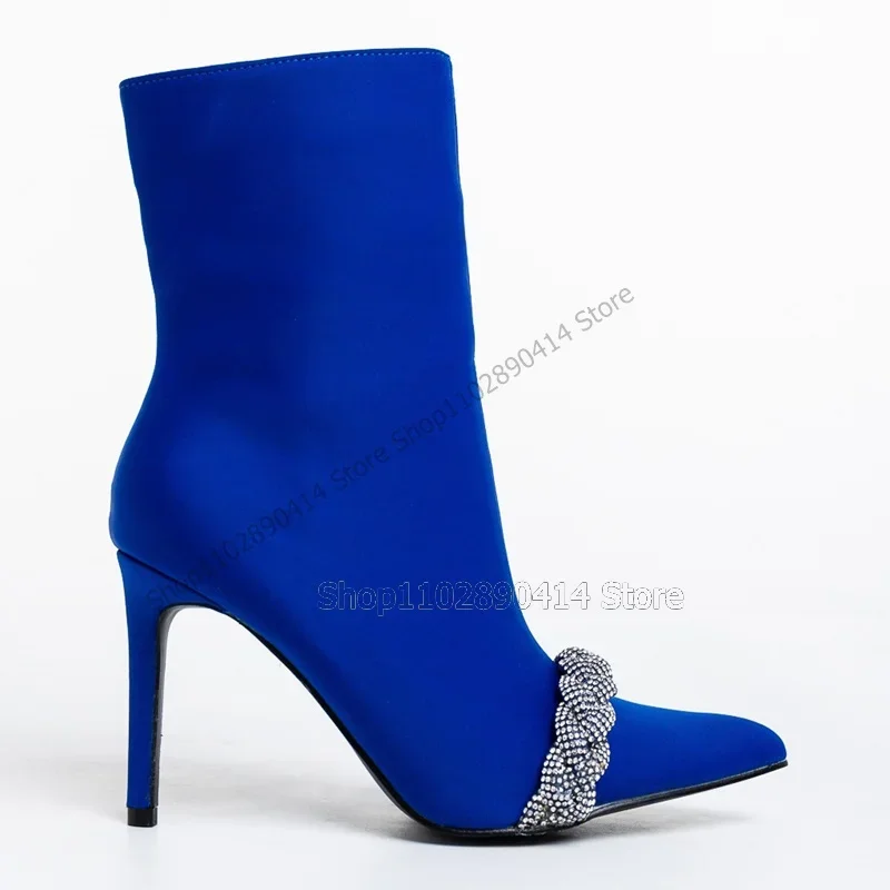 

Crystal Knot Decor Blue Pointed Toe Boots Mid Calf Side Zipper Women Shoes Thin High Heels New Fashion 2023 Zapatos Para Mujere