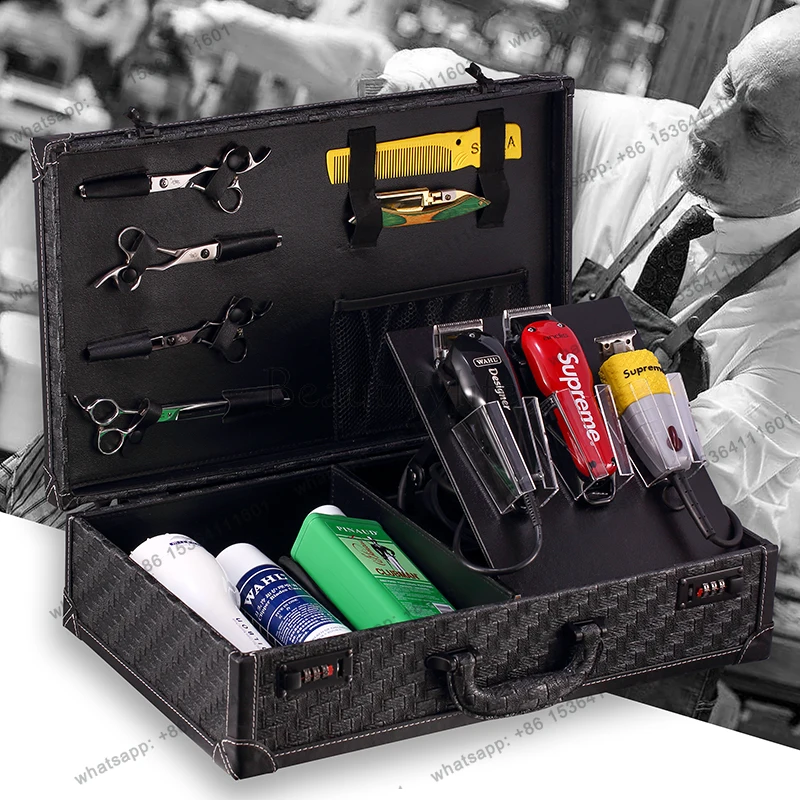 Retro Oil Head Toolbox Leather Hairdressing Handheld Password Electric Push Scissors Storage Box