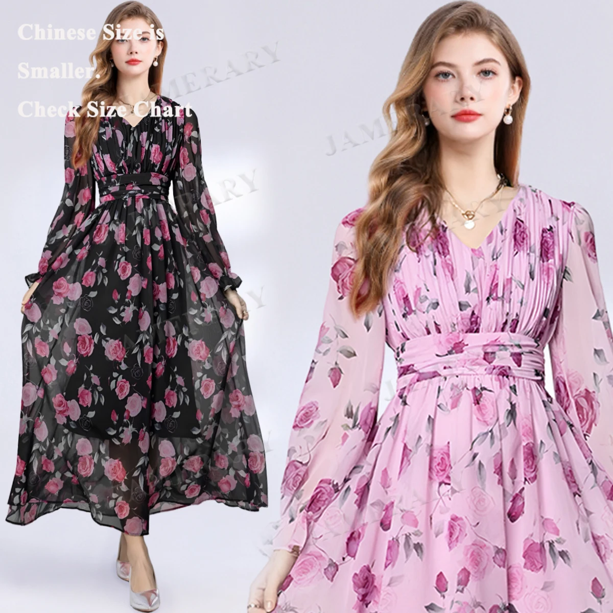 Abiti lunghi floreali a maniche lunghe autunno estate Donna Romantico rosa siciliana Orlo grande Abito da sera in chiffon da ballo per le vacanze bohémien