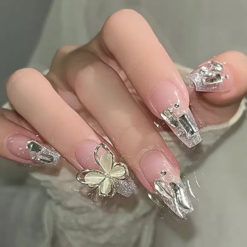 

Handmade Press On Nails Elegant Handcrafted Glitter Butterfly Nail Art With Diamond