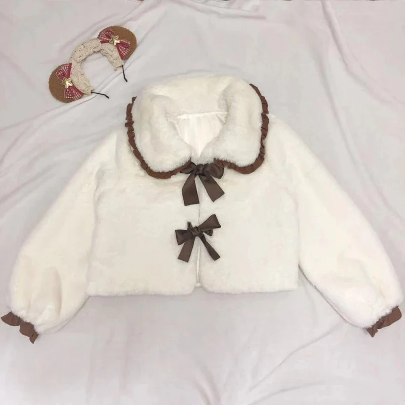 Japanese Sweet Lolita Style Cropped Jackets Women Kawaii Peter Pan Collar Bow Overcoat All Match Y2k Soft Plush Winter Outerwear