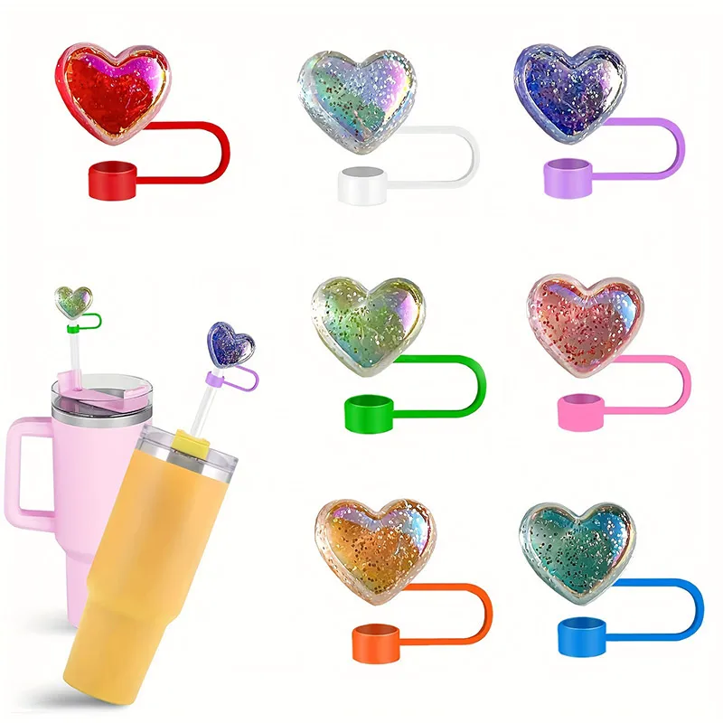 7pcs/pack Bling Heart-shaped Straw Covers Caps Reusable 8mm Dust-proof Leak-proof Straw Topper For Stanely Cup Splash Proof Plug