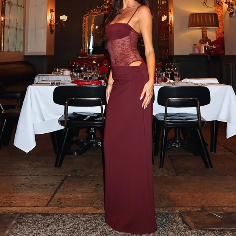 Vestidos para mujer 2025 Sexy transparente correa de espagueti Patchwork vestido de fiesta verano sin espalda elegante encaje recortado Maxi vestido