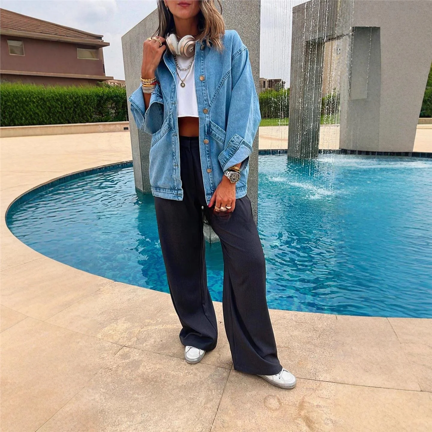 Women's Loose Fit Vintage Denim Jaet Autumn Winter Outerwear Long Sve Double Breasted Coat with kets Long Length Cotton