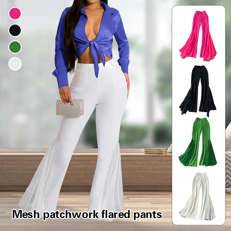 Women Elegant Mesh Patchwork Flare Pants High Waist Wide Leg Trousers Practice Dancing Performance Clubwear Belly Dance Pants