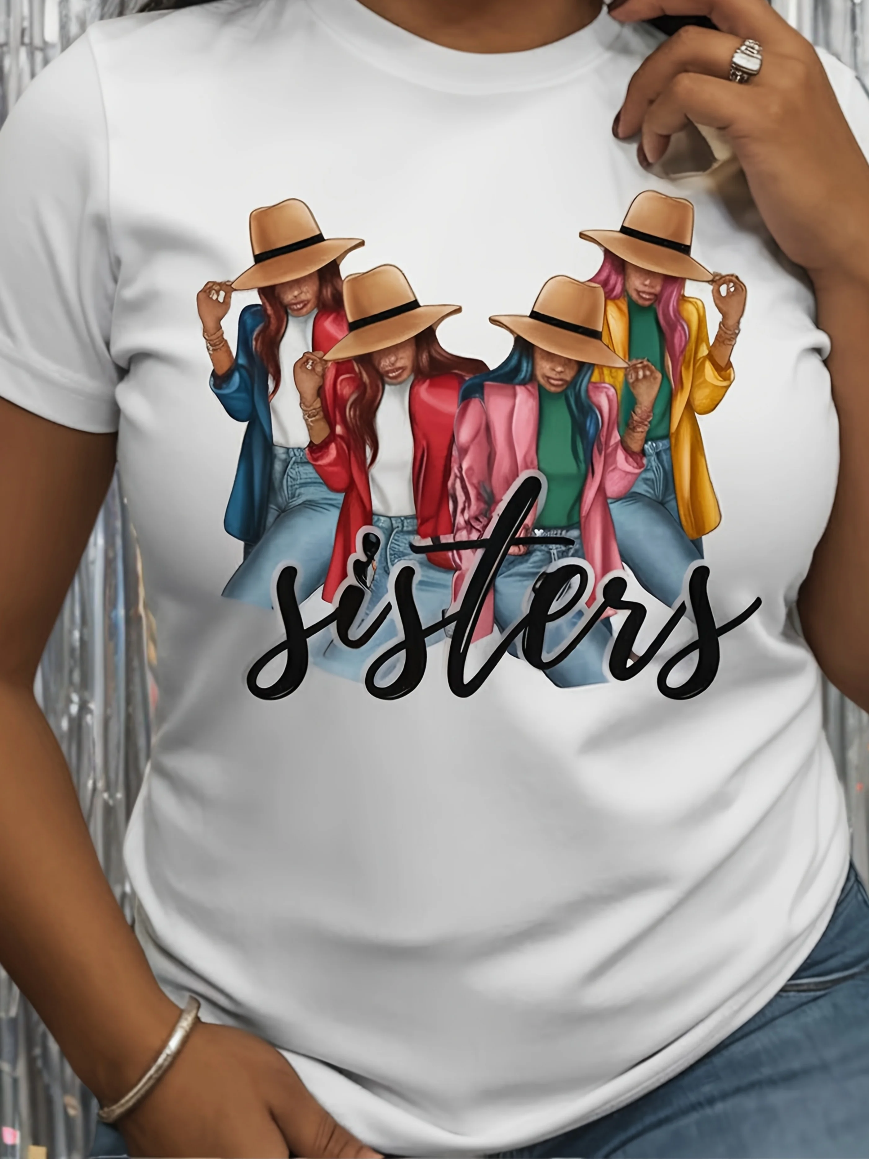 

Women's 100% Casual T-Shirt, Crew Neck, Short Sleeve, Regular Fit, Knit Fabric, with Colorful Sisterhood Cartoon Print