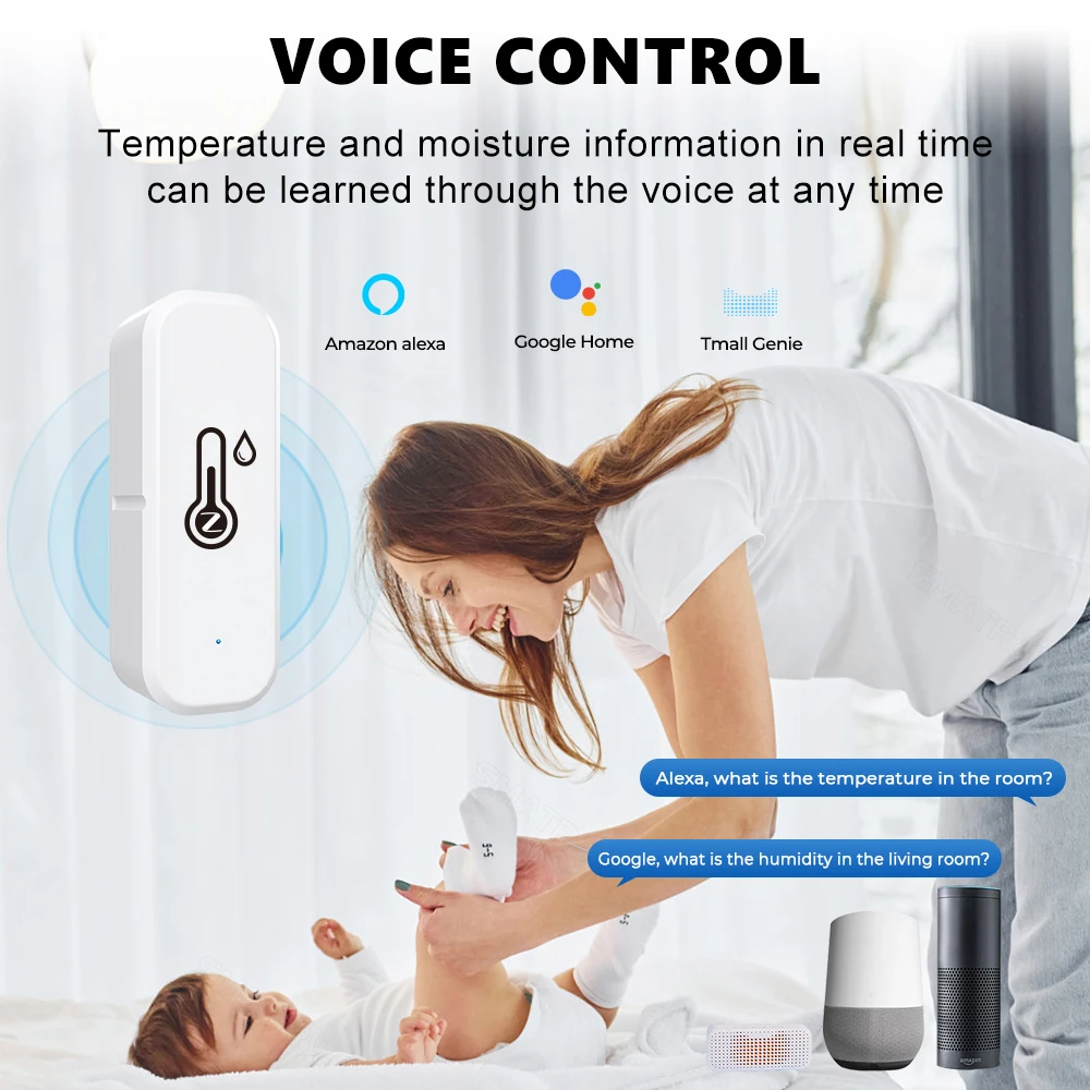 Tuya Zigbee Smart Temperatuur Vochtigheid Sensor Indoor Hygrometer Thermometer Detector Voice Alarm Voor Alexa Google Home Gateway