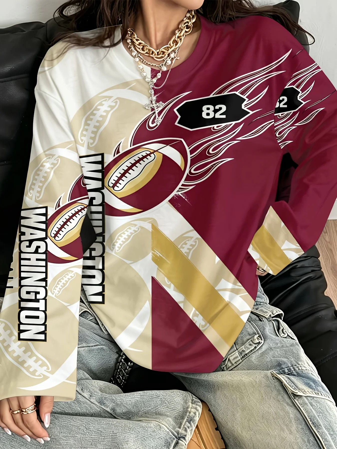 Women's Long Sleeve T-Shirt, Washington Football Team Print With Number 82 And Flame Design, All-Winter Holiday Style Top Suitable For Leisure And Sports Scenarios