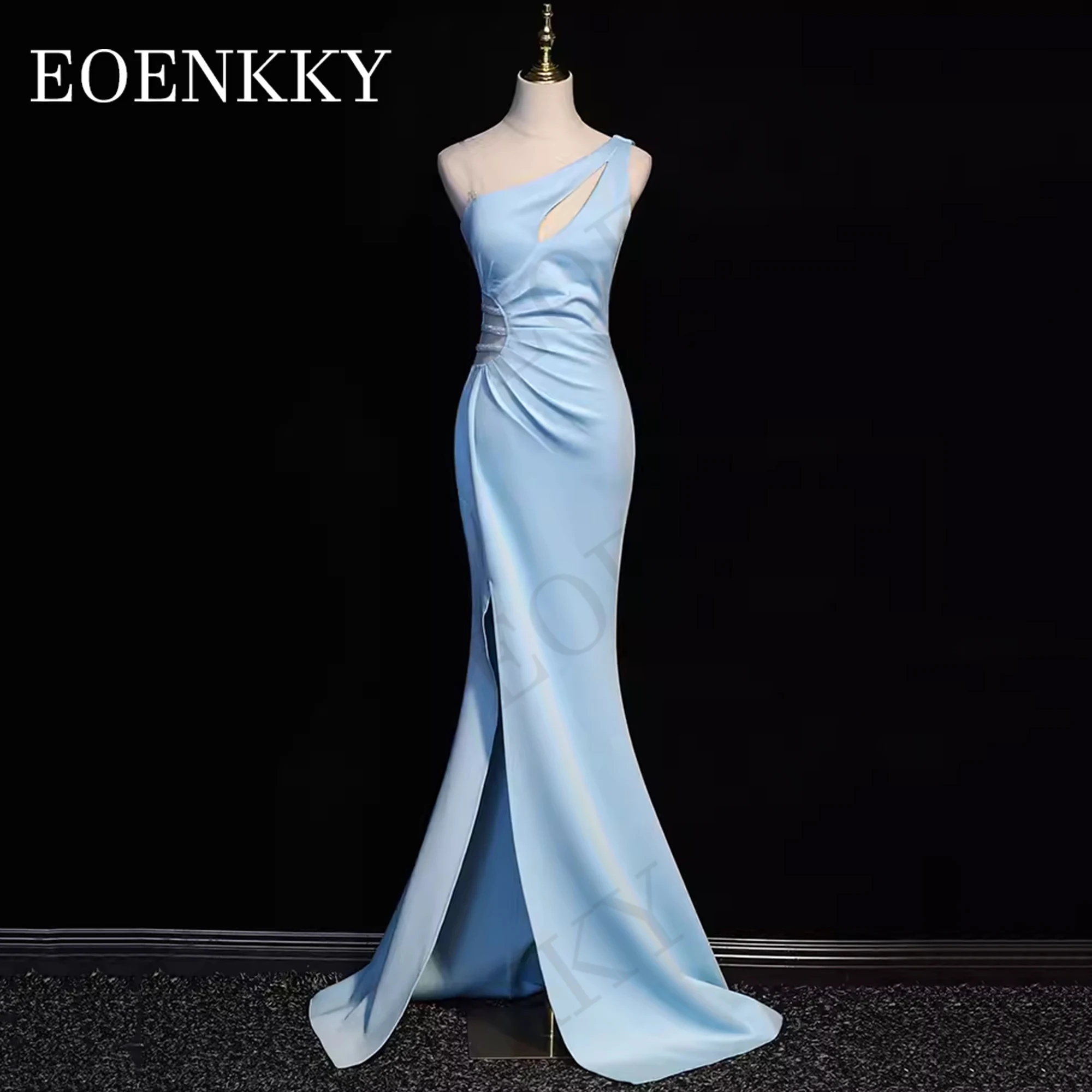 

Elegant Sky Blue Mermaid Sexy Evening Dresses One Shoulder Satin Split Formal Occasion Dress Women Sleeveless vestido de noche