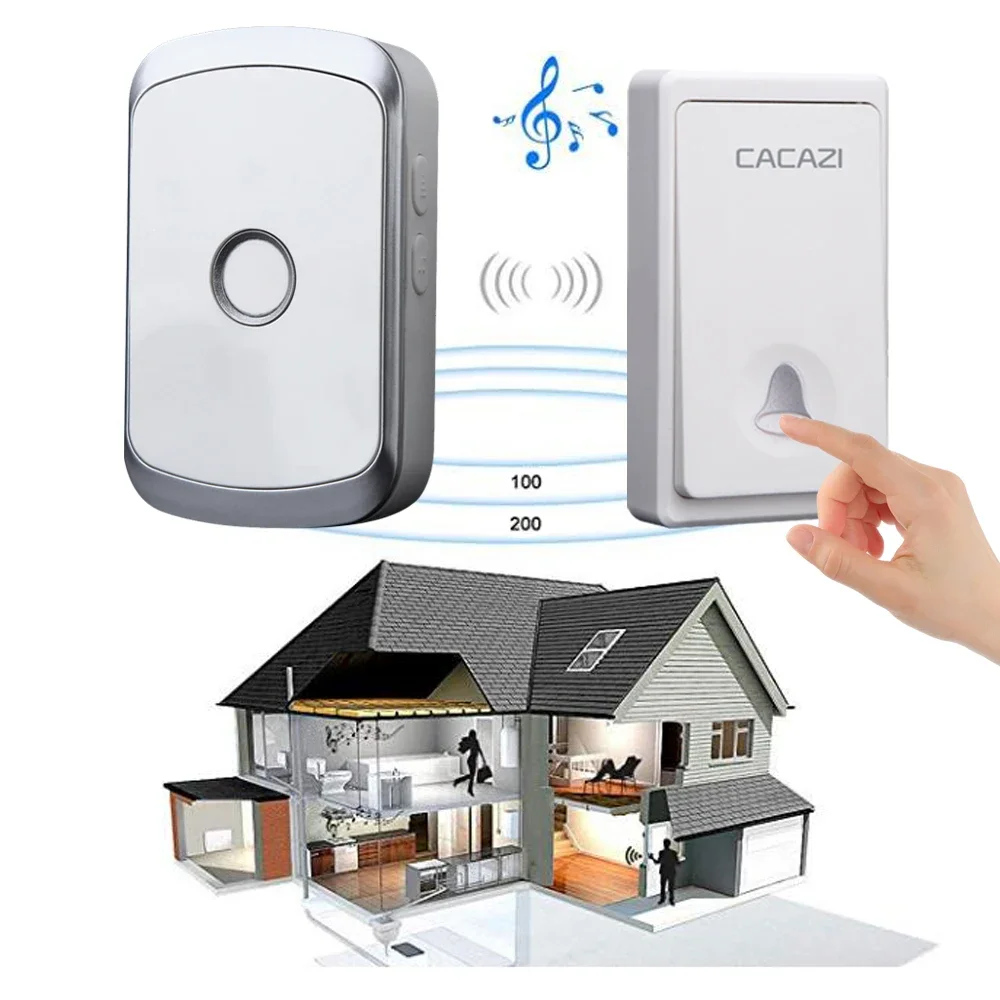 CACAZI Waterproof Wireless Doorbell Self-powered No battery LED Light Home cordless doorbell US EU UK Plug 1 Button 1 2 Receiver