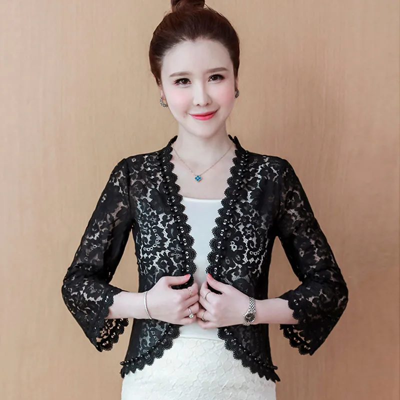 Fashion Long Sleeve Beading Hollow Out Lace Cardigan Women Jacket Black White Short Jacket Women Clothes Coat Women Jackets G39