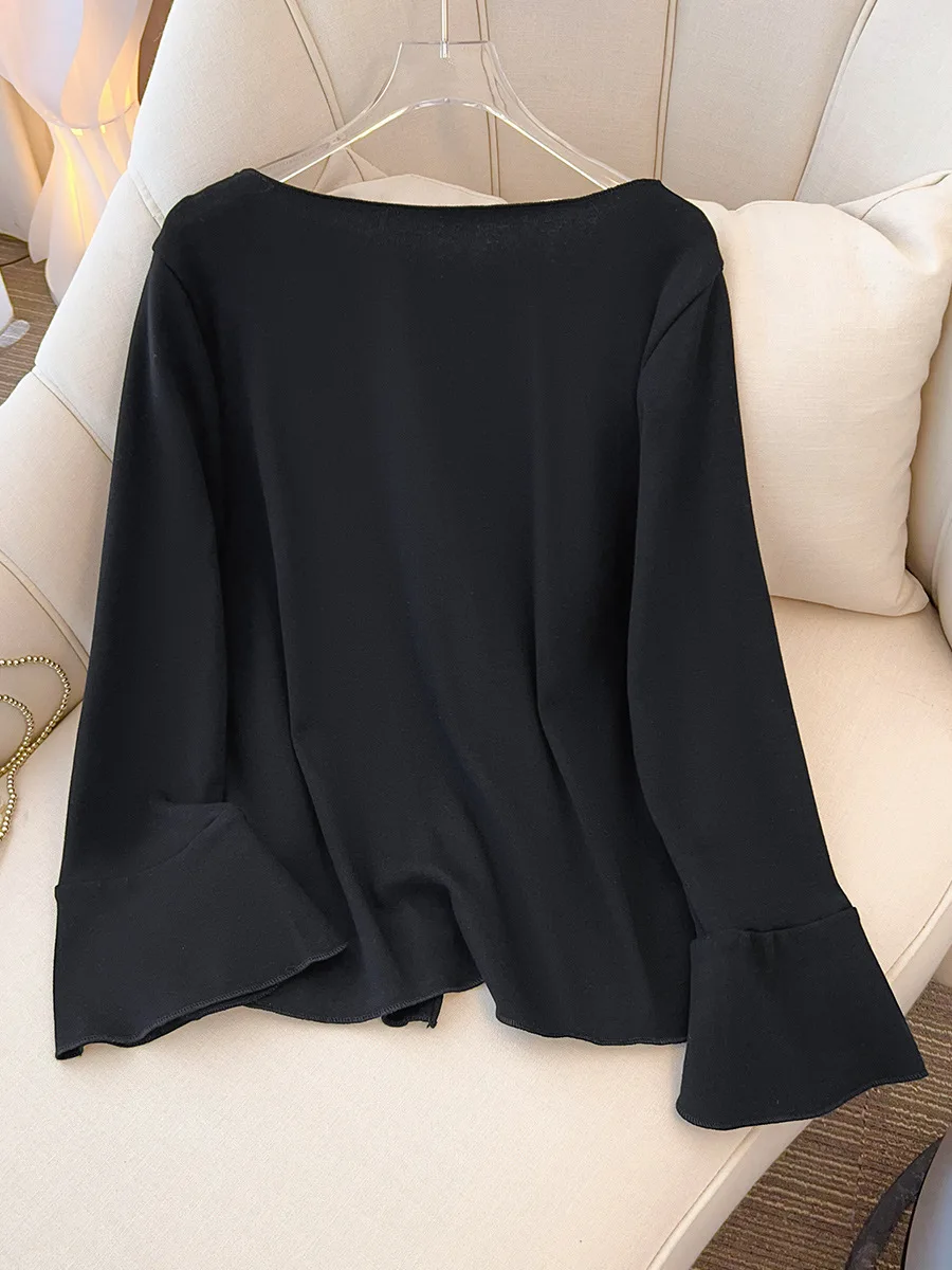 150Kg Plus Size Women\'s Bust 138 Spring Autumn Long Sleeved Top Bottom Casual T-shirt Black 4XL 5XL 6XL 7XL 8XL
