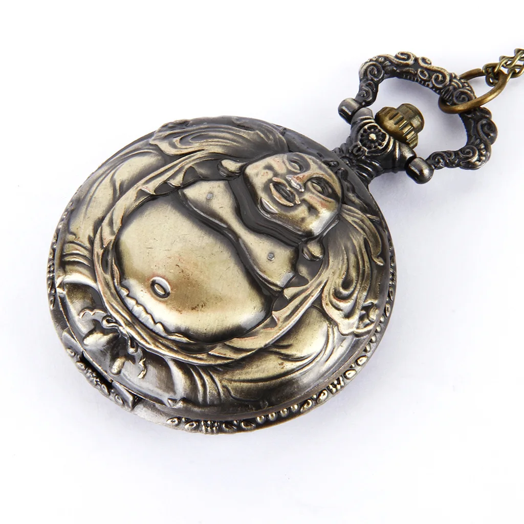 Vintage Luxury Buddha Patterned Carving Quartz Pocket Watch for Men Ladies Laser Engraved Fob Chain Bronze Clock for Collection