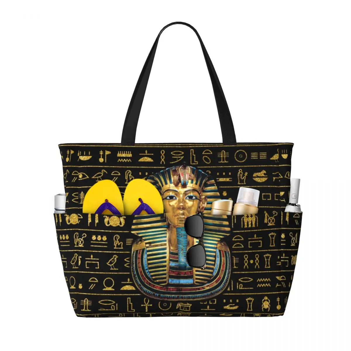 Custom Large Ancient Gold Pharaoh Egypt King Tut Tote Bag for Women Egyptian Hieroglyphs Shopper Shoulder Gym Beach Travel Bag