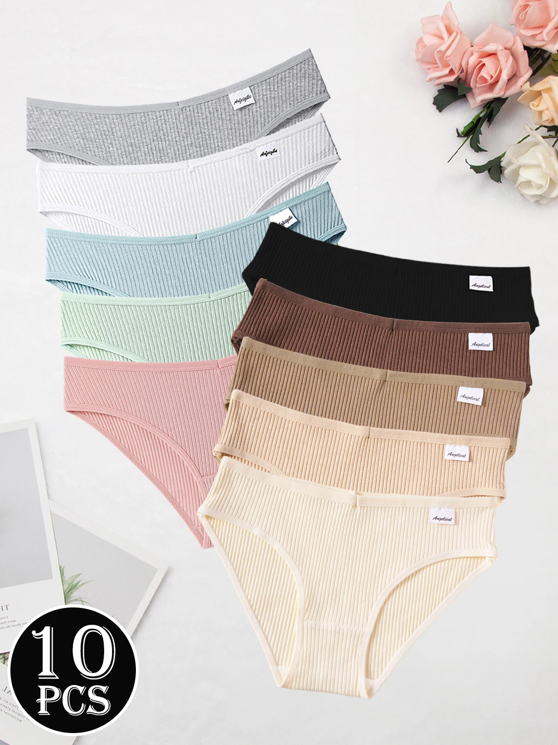 10PCS Women's Pure Cotton Panties Ribbed Briefs Low-Rise Breathable Female Soft Underwear Solid Colors Lingerie Stylish Casual - Image 2