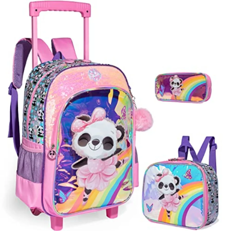 

Panda Rolling Backpack for Girls with Lunch Box Backpack with Wheels for School Sequin Trolley Trip Luggage Rolling Bookbag for