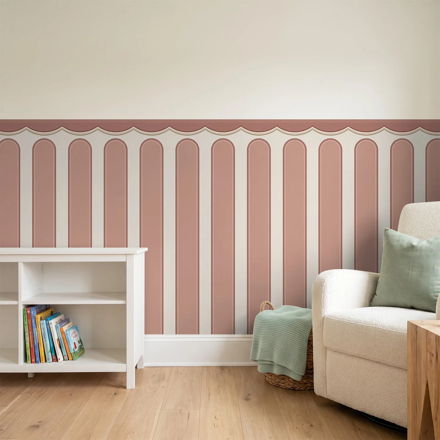 Wavy Edge Striped Wall Sticker, Blush Pink Cream, 17.72 x 35.43 Inch, Seamless Splicing, for Living Room Wainscoting