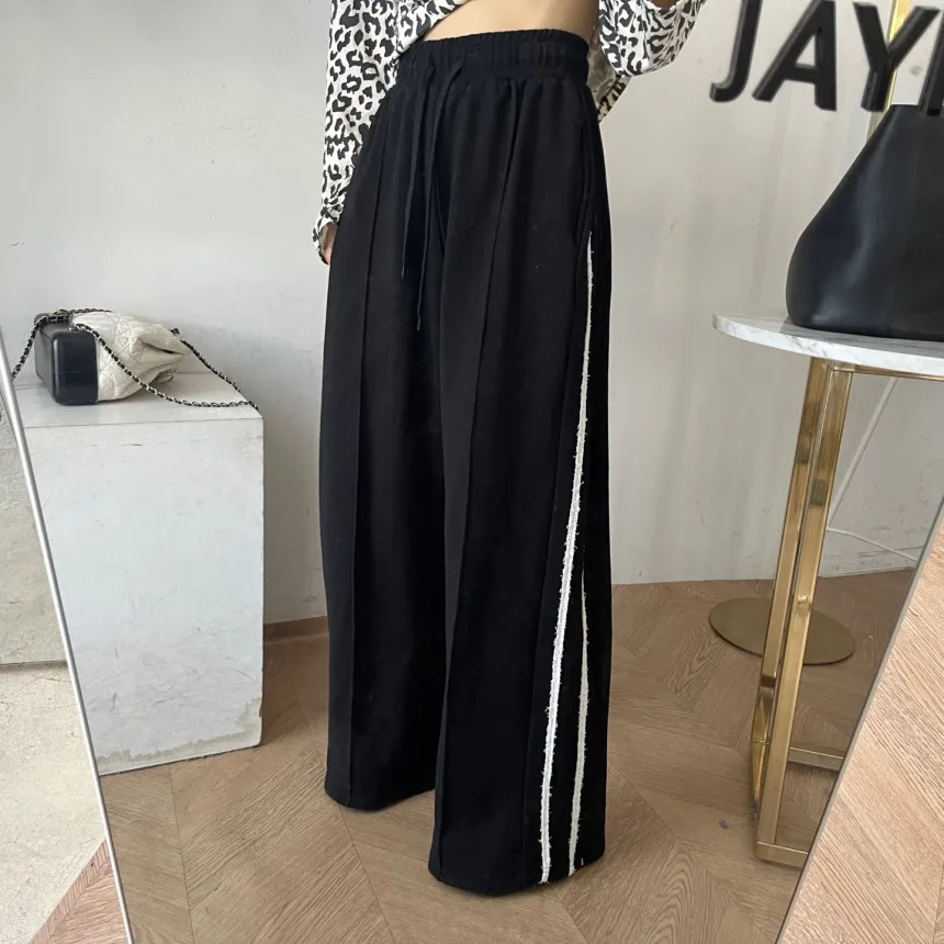 Retro High Waist Wide Leg Pants Women's Loose Commuter Trousers Side Bar Strips Casual Long Pants Korean Style Autumn Season