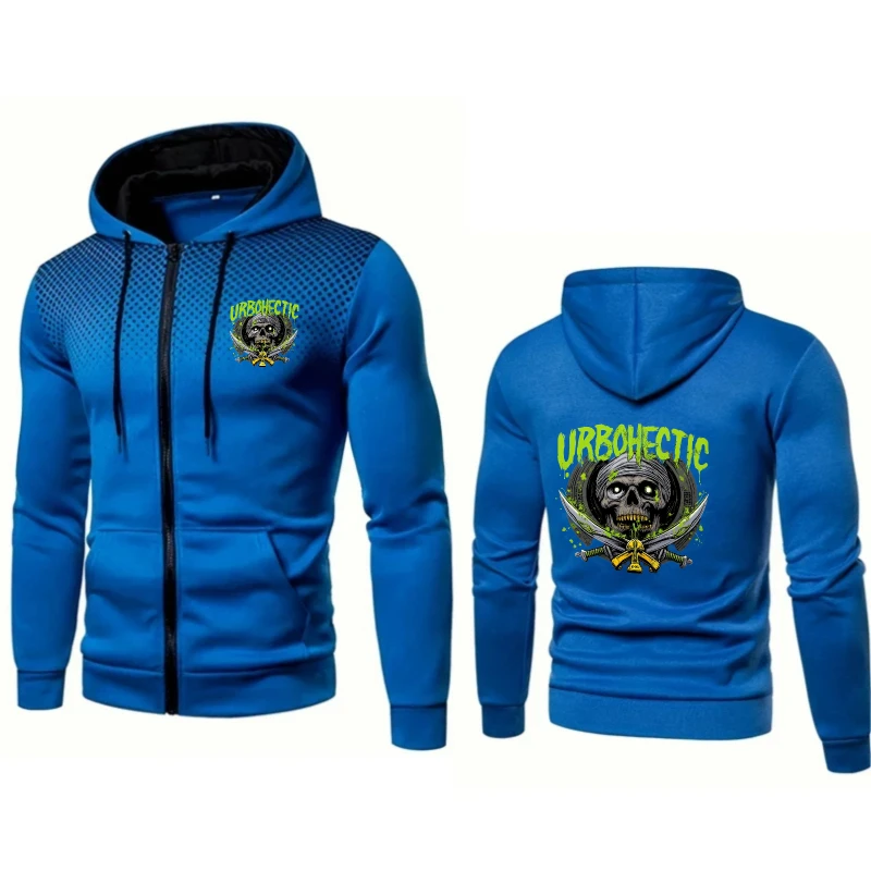 

Men's Hooded Jacket Blue Urbanectic Skull Print Zip-Up Sweatshirt for Streetwear Casual Outdoor Wear