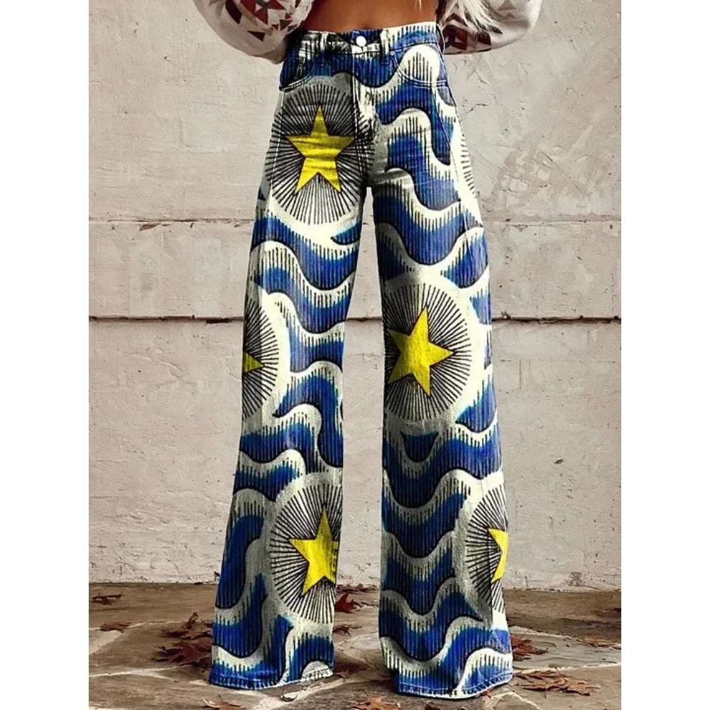Vintage Galaxy Star Print Hose mit hoher Taille und weitem Bein, Damen-Baumwollhose, lässige Streetwear-Hose für Festivals und Konzerte – Detail 7