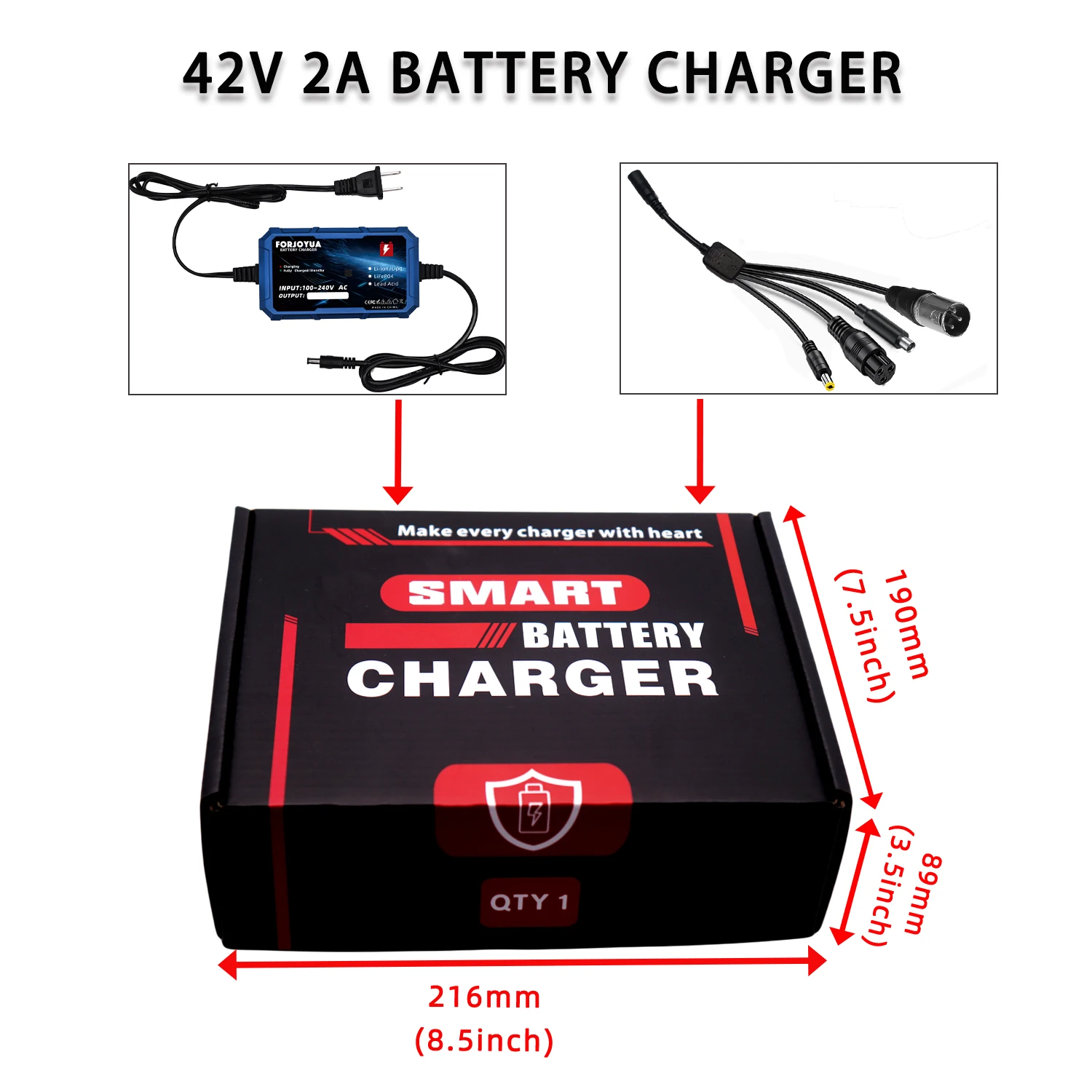 42V 2A Smart Lithium Battery Charger For 10S 36V Li-ion Battery Pack with DC5.5X2.1mm Plug