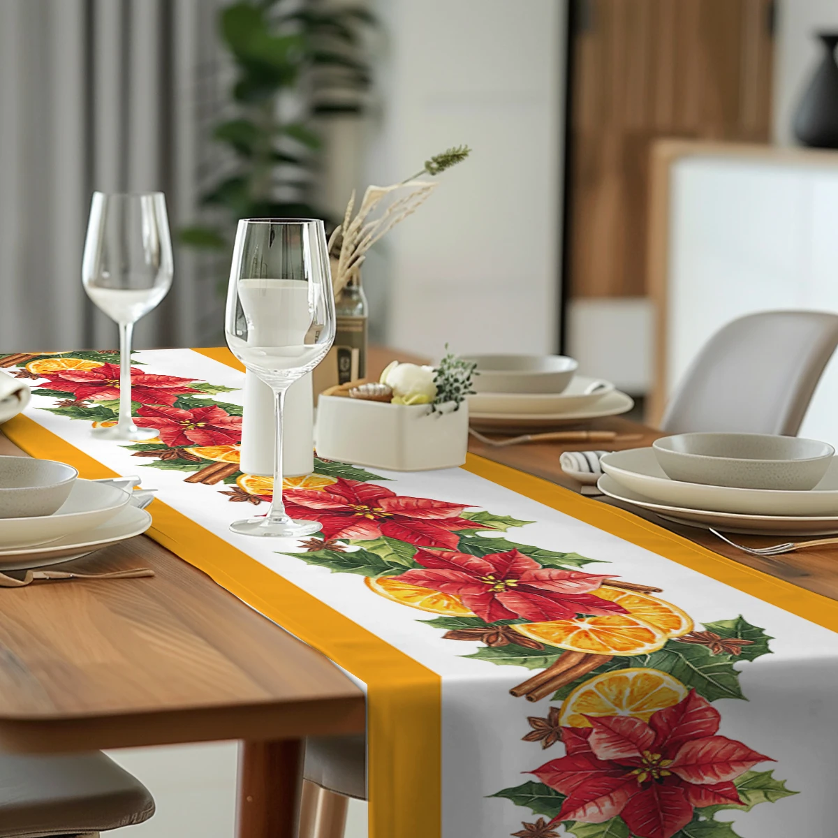 Christmas Poinsettia Orange Table Runner Wedding Decoration Cloth Dining Decor Coffee Table Runners Washable Dining Long Cloth