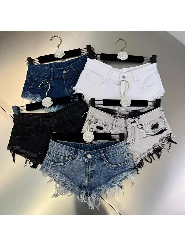 Women's Blue Denim Mini Shorts Fashion Low Waist Tassel Shorts Jeans Y2k Korean Harajuku 2000s 90s Aesthetic Clothes Summer 2024